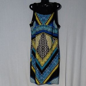 AA Studio Sleeveless Geometric Blue and Yellow Women's Midi Sun Dress Size 12